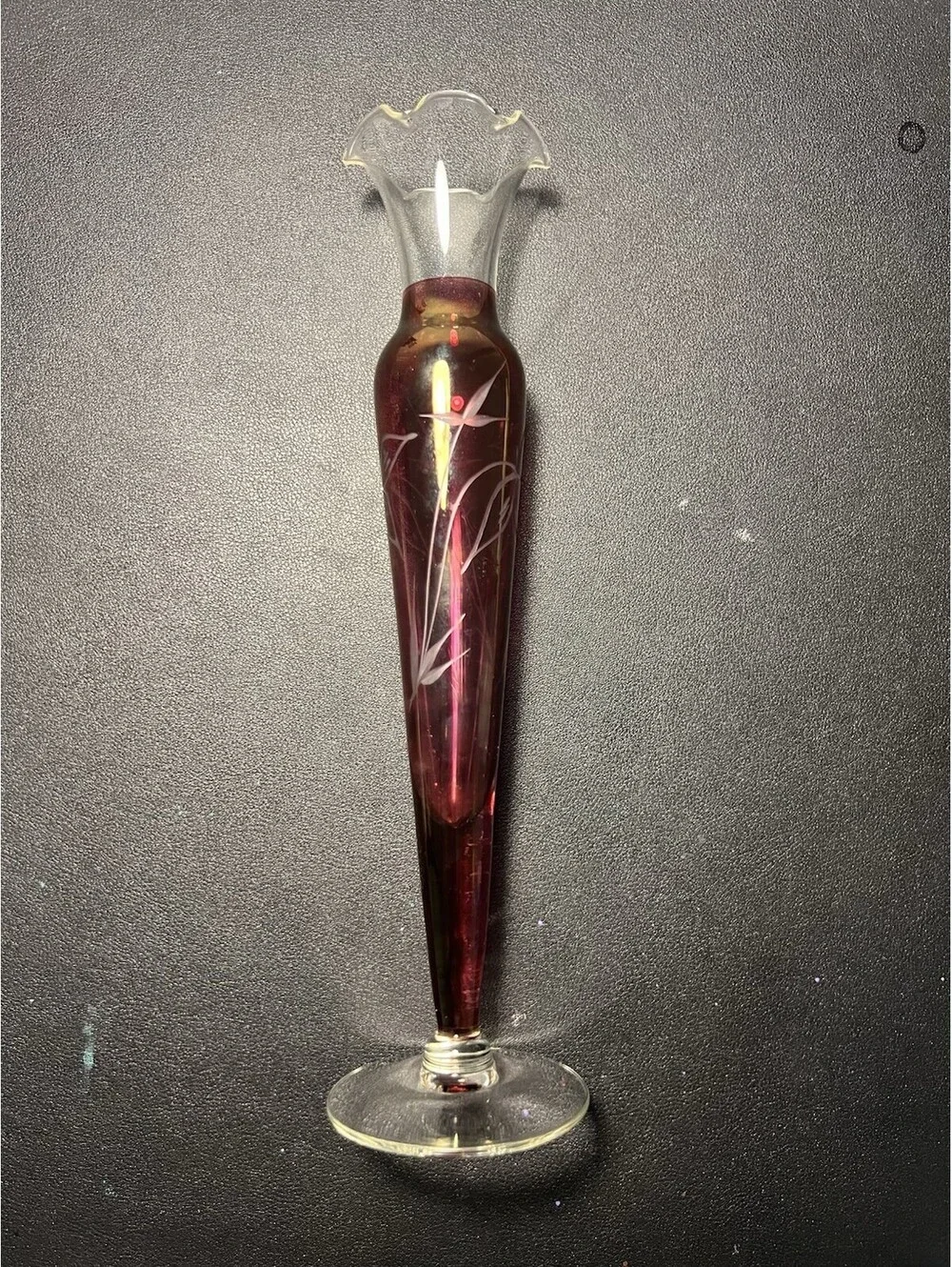 Czech Vintage 1950s 2 Bud Vases Cut To Clear Cranberry Flashed Etched Glass, 10”